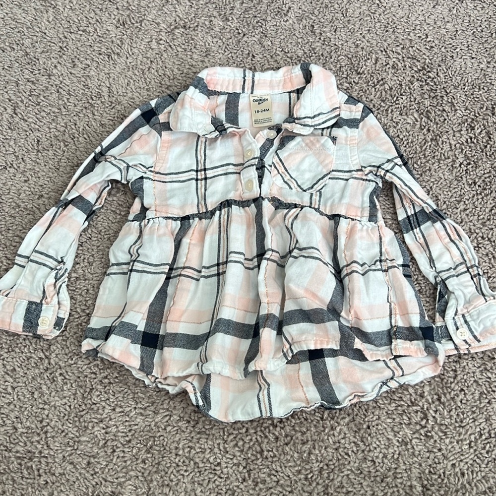 OshKosh Metallic Plaid Pink & Black Button Down Peplum Toddler Shirt
